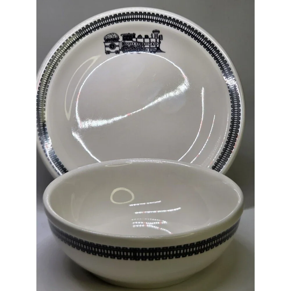 Homer Laughlin Fishs Eddy Hamburger Chu Chu Train Pattern Plate & Bowl Rare Set